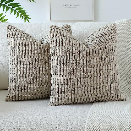JOTOM Set of 2 Corduroy Soft Striped Cushion Covers 45x45 cm Decorative Throw Pillow Covers Square Cushion Case Home Boho Decor Pillow Cases for Couch Sofa Bedroom 18x18 Inch (Taupe)
