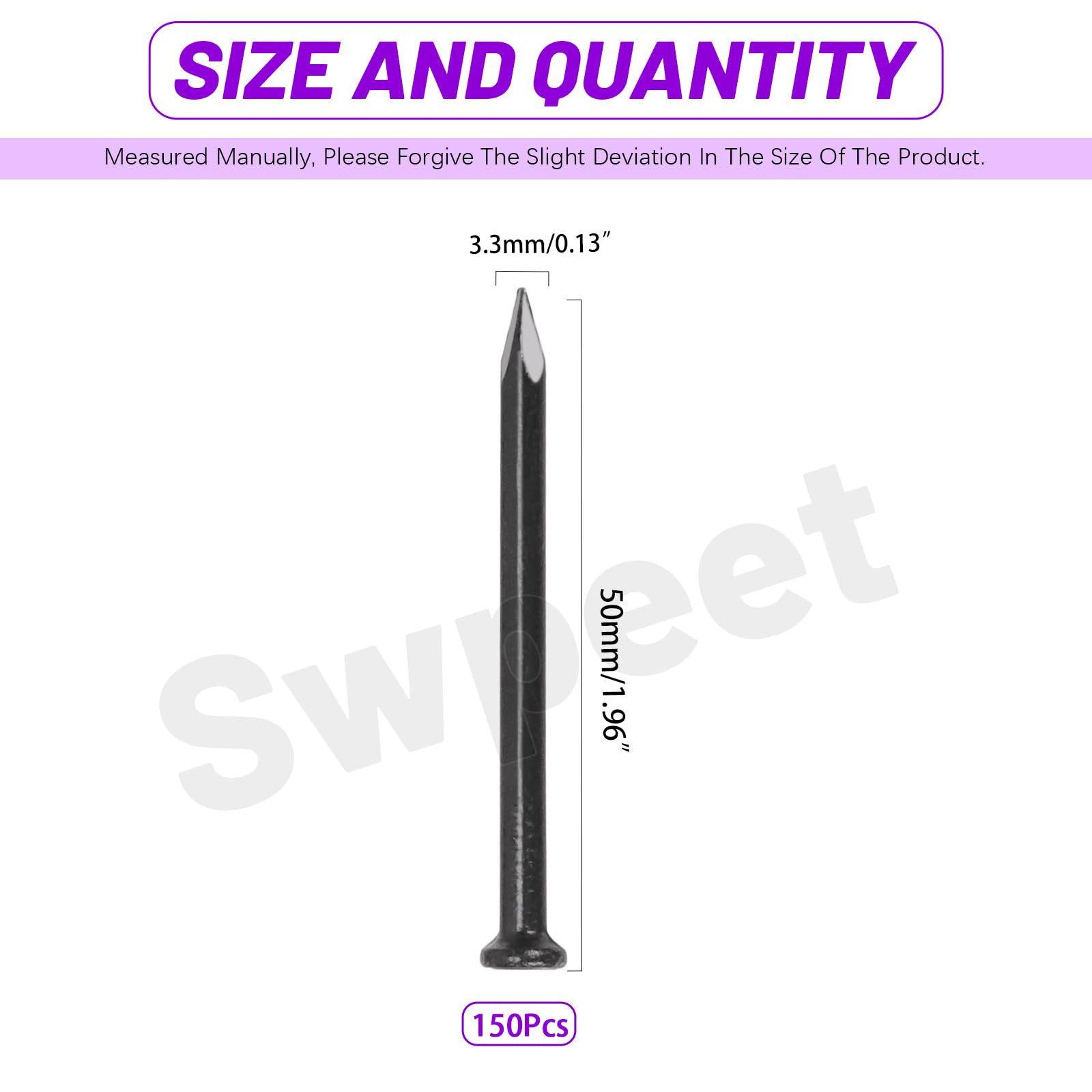 Swpeet Set di 150 chiodi neri per hardware da 2", chiodi in acciaio, chiodi zincati da 3,3 x 50 mm, piccoli chiodi, chiodi da parete, chiodi in legno, chiodi per calcestruzzo