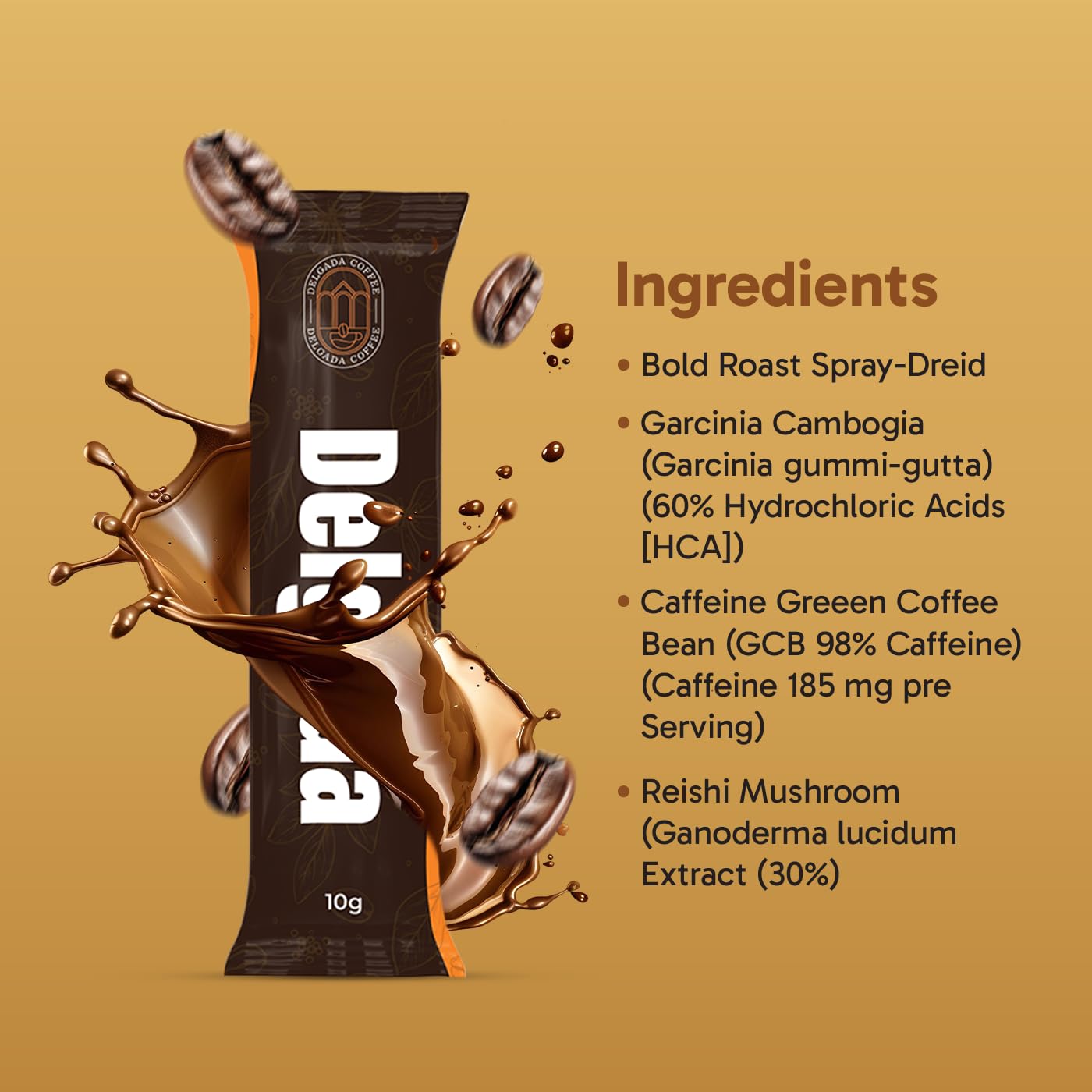 Delgada Instant Coffee - Premium Ganoderma, Rich Bold Taste - Healthy Mushroom Insant Coffee 25 Sachets