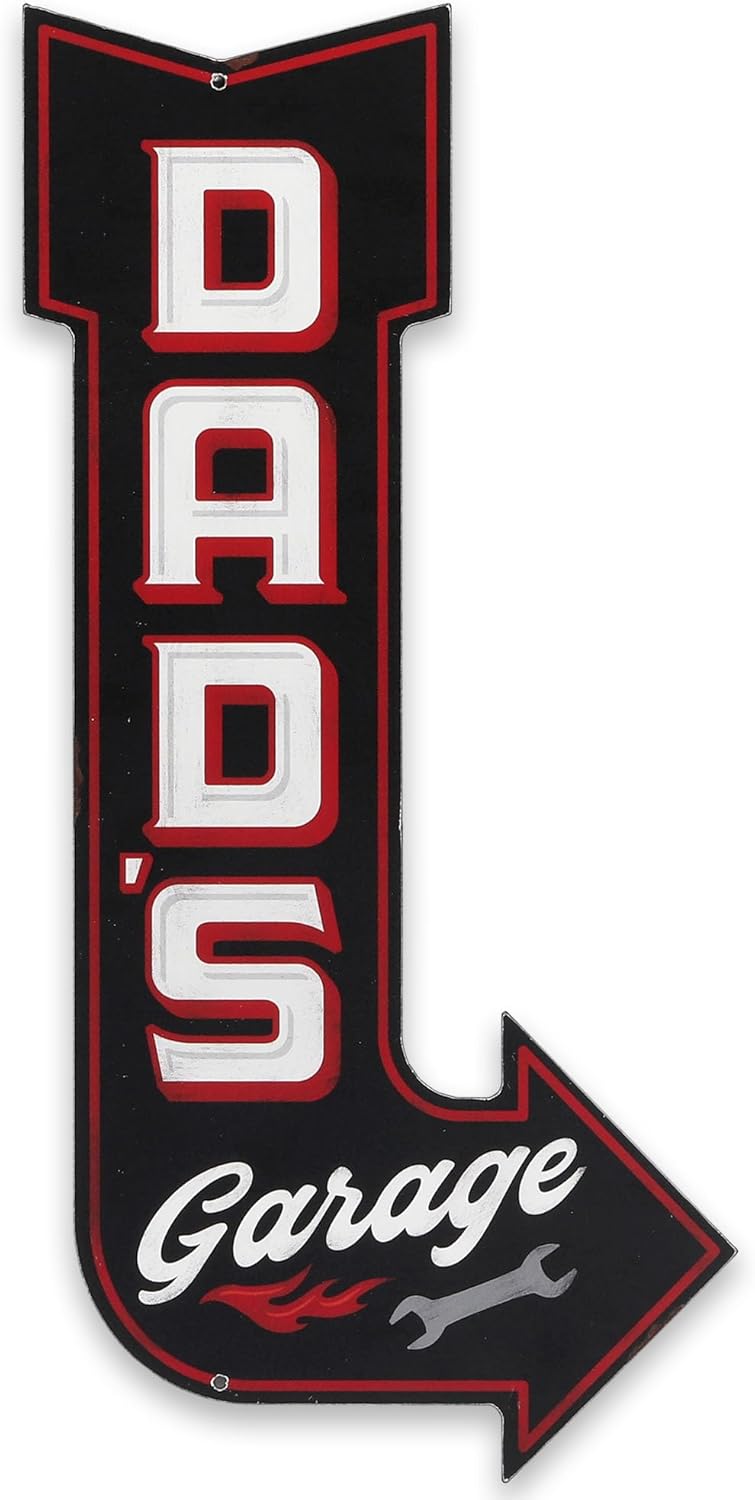 Dad's Garage Curved Arrow Metal Sign - Fun Vintage Garage Sign for Dad - Great Gift Idea