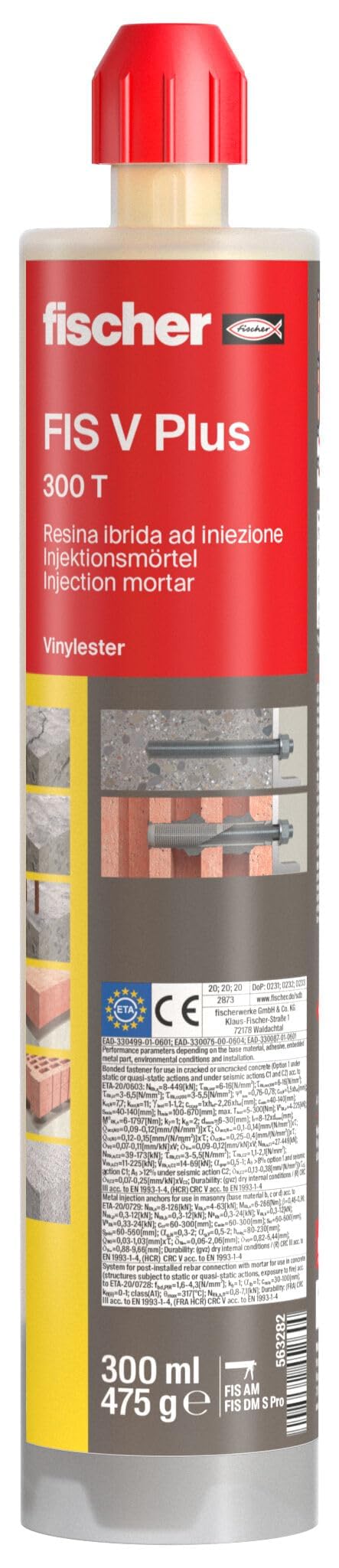 Fischer FIS V PLUS 300 T - Strukturalna kotwa chemiczna do betonu i muru, wkład 300 ml z 2 mieszaczami, do pistoletu silikonowego, wysokiej wydajności żywicy hybrydowej