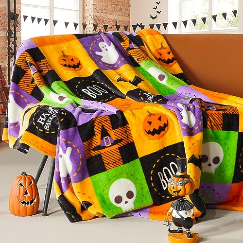 ROMROL Halloween Fleece Throw Blanket, Bat, Ghost Fall Plaid Blanket, Soft Fuzzy Plush for Couch Sofa or Bed, Luxury Flannel Lap Blanket, for Kids, Adults, Wife, Self (50" x 60")