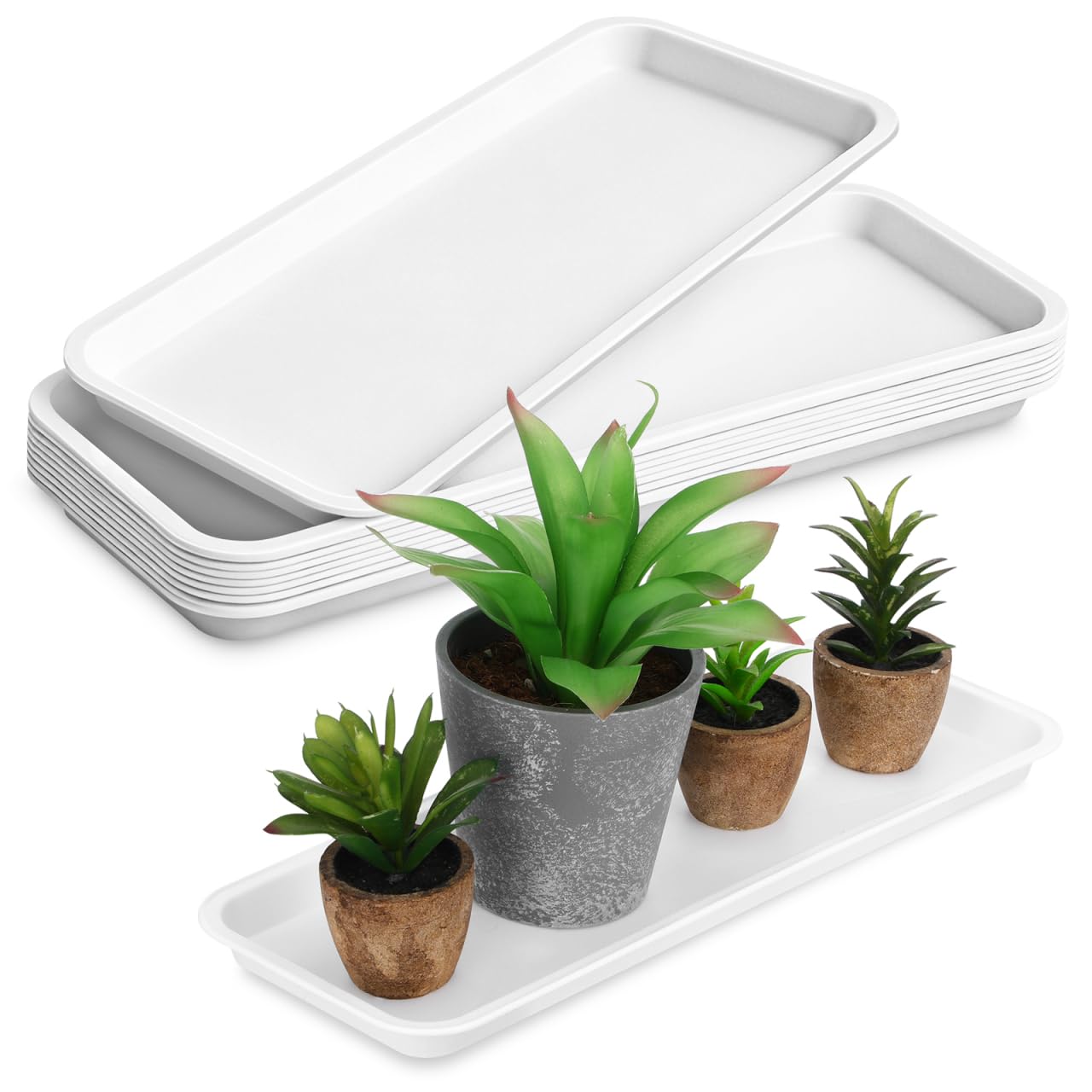 Yardwe Rectangular Plant Pot Tray 10-Pack White Plastic Planter Saucers Drip Tray for Indoor Outdoor Bonsai Window Sill, 40X15X2cm