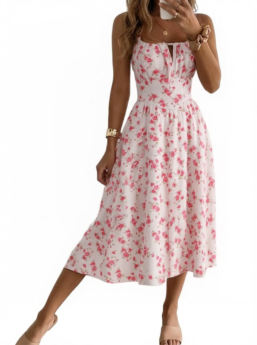 Cicy Bell Abito Estivo da Donna, con Motivo Floreale, Senza Maniche, con Spalline