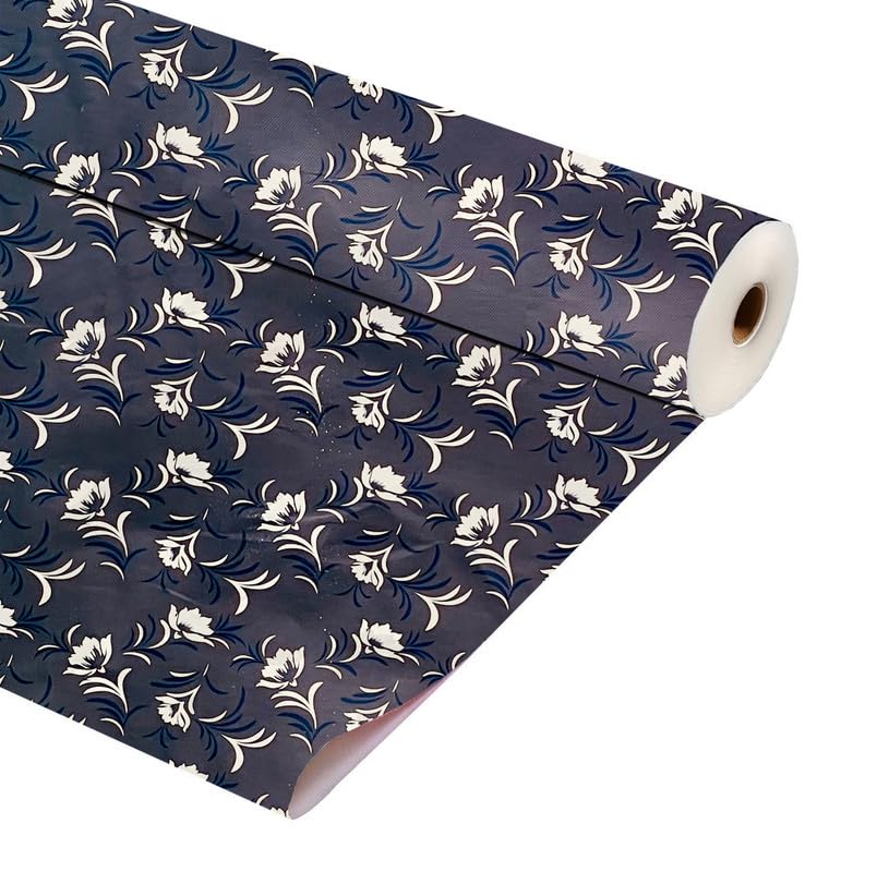 Image of Anti-Slip Kitchen Shelf Liner - 20 Meter Roll, Waterproof Multipurpose Mat for Fridge, Cabinet, Drawer, Trolley & Bathroom - Easy to Cut Floral Blue Print (Grey)