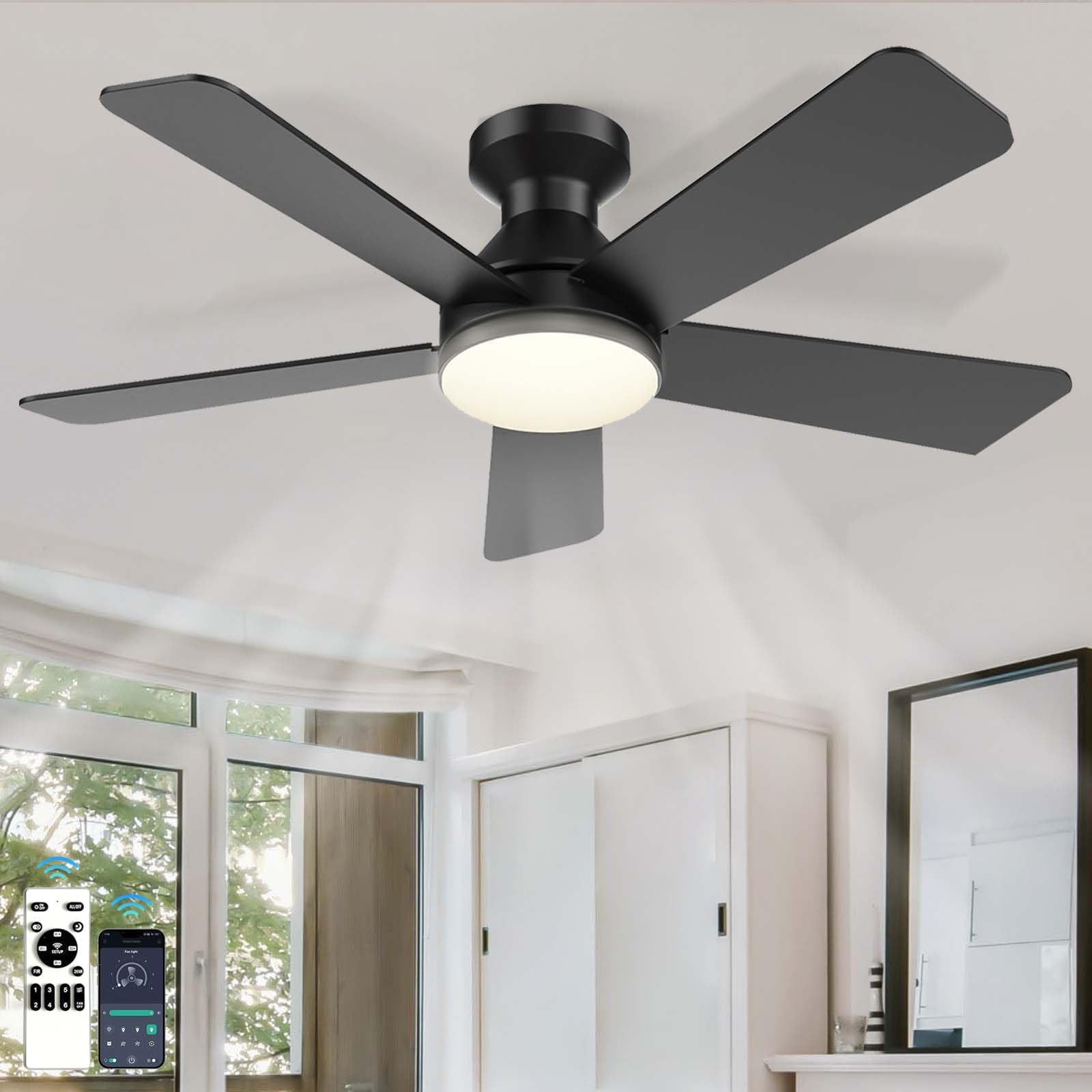 HXYSXHJUO 35in Quiet Ceiling Fans with Lights,Remote & App Control, Timer Dc Motor Reversible ，5 Blades 6 Speeds ，Dimmable LED Fan Lights for Bedroom Living Room Kitchen
