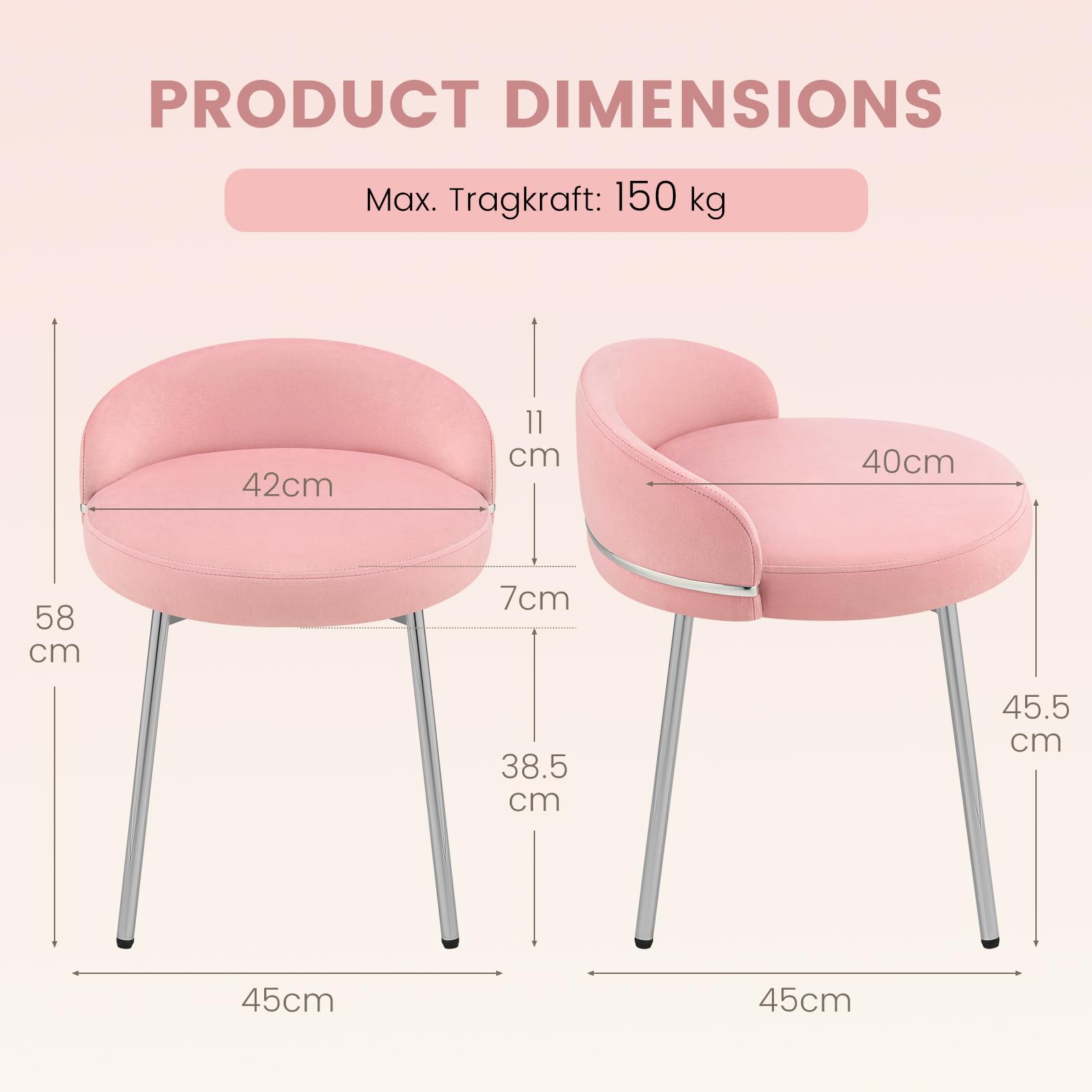 Hellove Cute Schminktisch Hocker, Kleiner Samt Schminkstuhl Armloser mit gewölbter Sitzfläche & Silber Metallbeinen, Sitzhocker Fußhocker Makeup-Hocker Stool für Schlafzimmer Wohnzimmer, Rosa