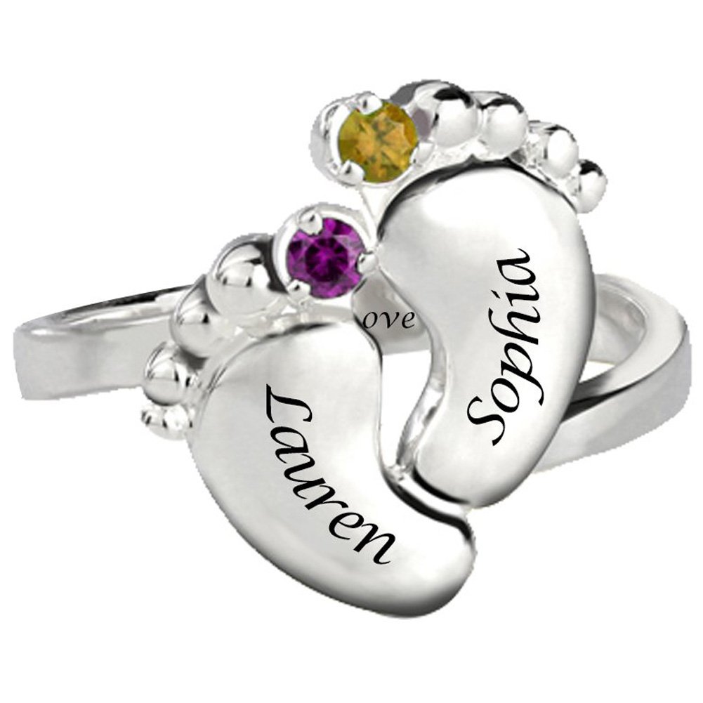 Sterling Silver Personalized Feet Shaped Ring with Engraved Names or Date with Birthstone Custom Rings Jewelry Gift for Mom