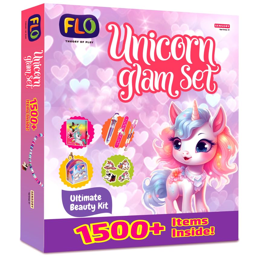 Image of FLO Unicorn Glam Craft Set- 1500+ Pcs Jewelry & Craft Kit for Girls | Diary with Secret Storage, Coin Pouch Keychain, Colored Clay Beads,Unicorn Charms,DIY Bracelet Necklace Making Kit for Kids