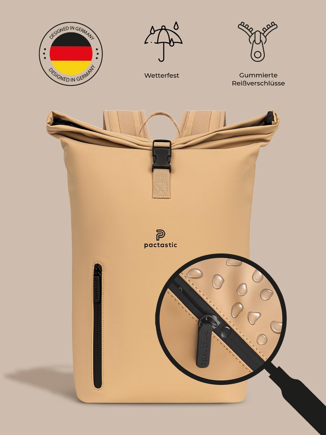 Pactastic großer Rolltop Rucksack mit Tragegriff | 660 Gramm leichter Rucksack aus wasserabweisendem veganem Tech-Material | 36 x 15 x 45 cm mit integriertem Schlüsselanhänger und Laptopfach