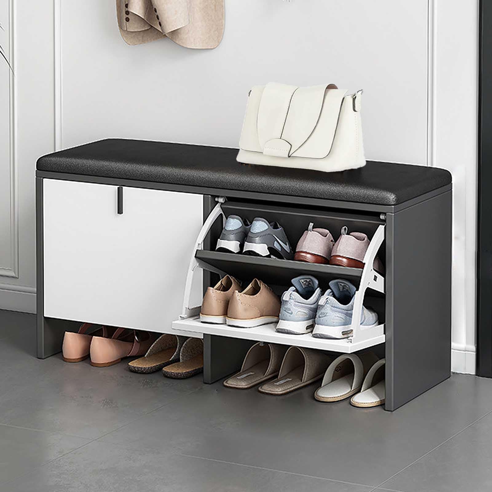 Banc à chaussures pour entrée avec siège et meuble rabattable fermé
