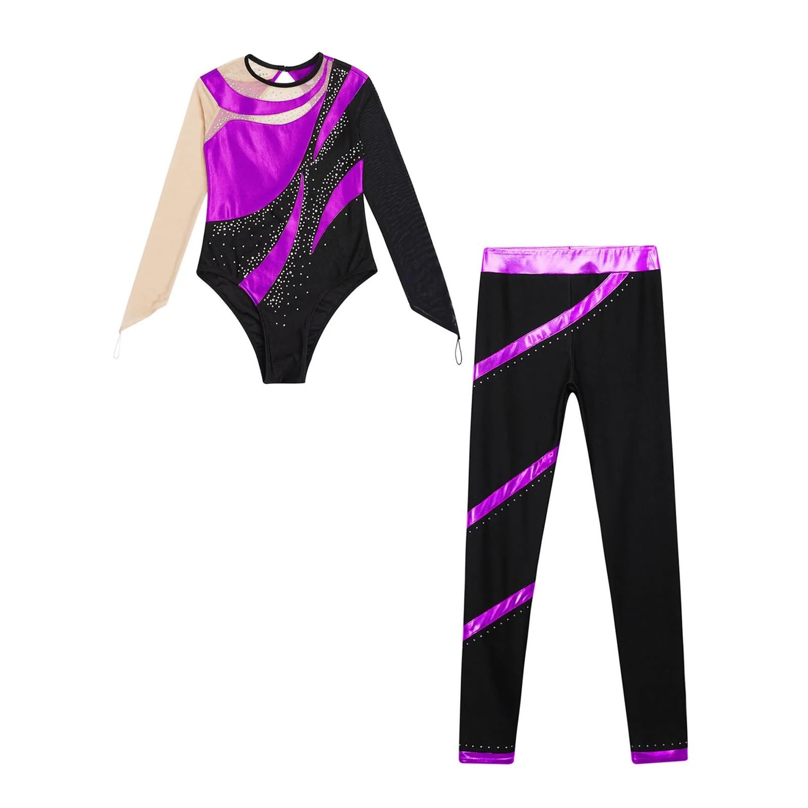 Ballettanzug for Kinder, Tanz-Outfits, Gymnastikanzug for Mädchen, glänzend, langärmelig, Eiskunstlauf-Bodysuit mit Hose, 6–16 Jahre, Tanzbekleidungs-Sets(Silver,6)