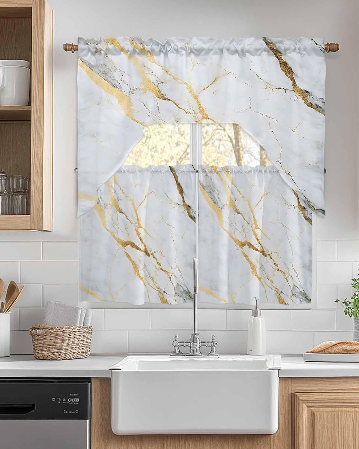 Marble White Gold Kitchen Curtains Sets for Windows 3 Piece, Modern Marbles Geometric Kitchen Curtains and Valances Tier Set 36 Inch Length Swag Curtain for Living Room Cafe Bathroom Bedroom