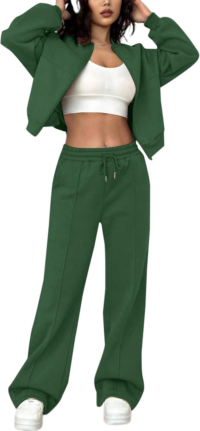 LovelyWholesale Women Sweatsuits 2 Piece Set Zip Up Sweatshirt and Wild Leg Sweatpants Set