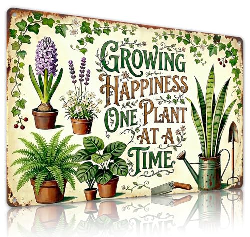 Graiweft Garden Gifts Growing Happiness One Plant at a Time Vintage Metal Sign - Rustic Gardening Tin Poster with Botanical Art for Home Garden Greenhouse Patio Yard Wall Decor, 12x 8 Inch (Growing Happiness)