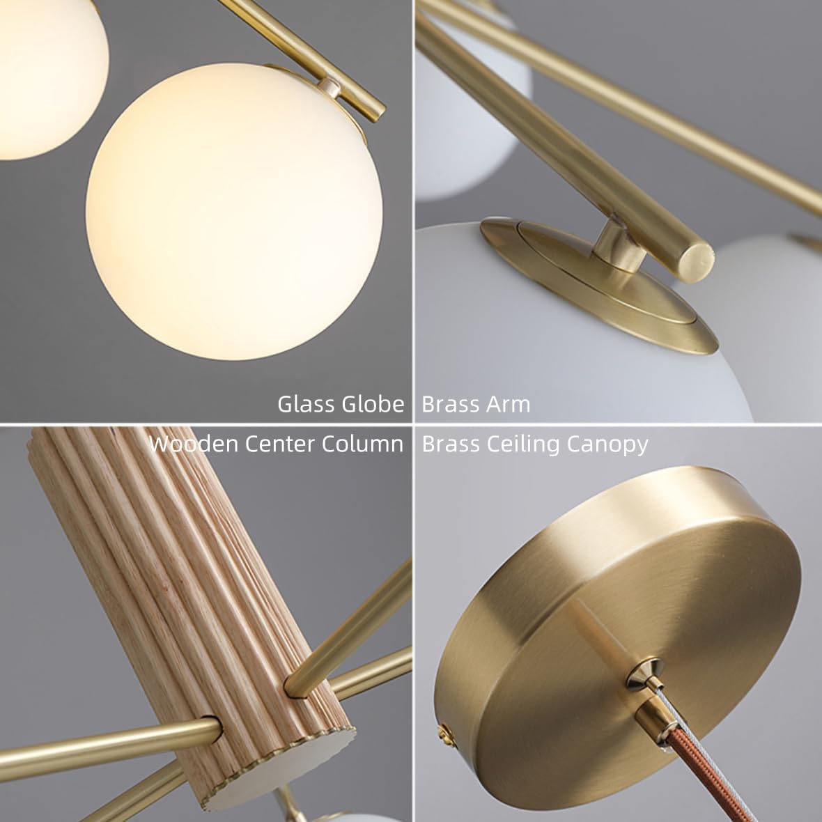 Milk Glass Globe Chandelier Brass 3-Light Modern Sputnik Globe Semi Flush Mount Ceiling Light Gold Mid Century Dining Room Light Fixture with Natural Wood Center Column