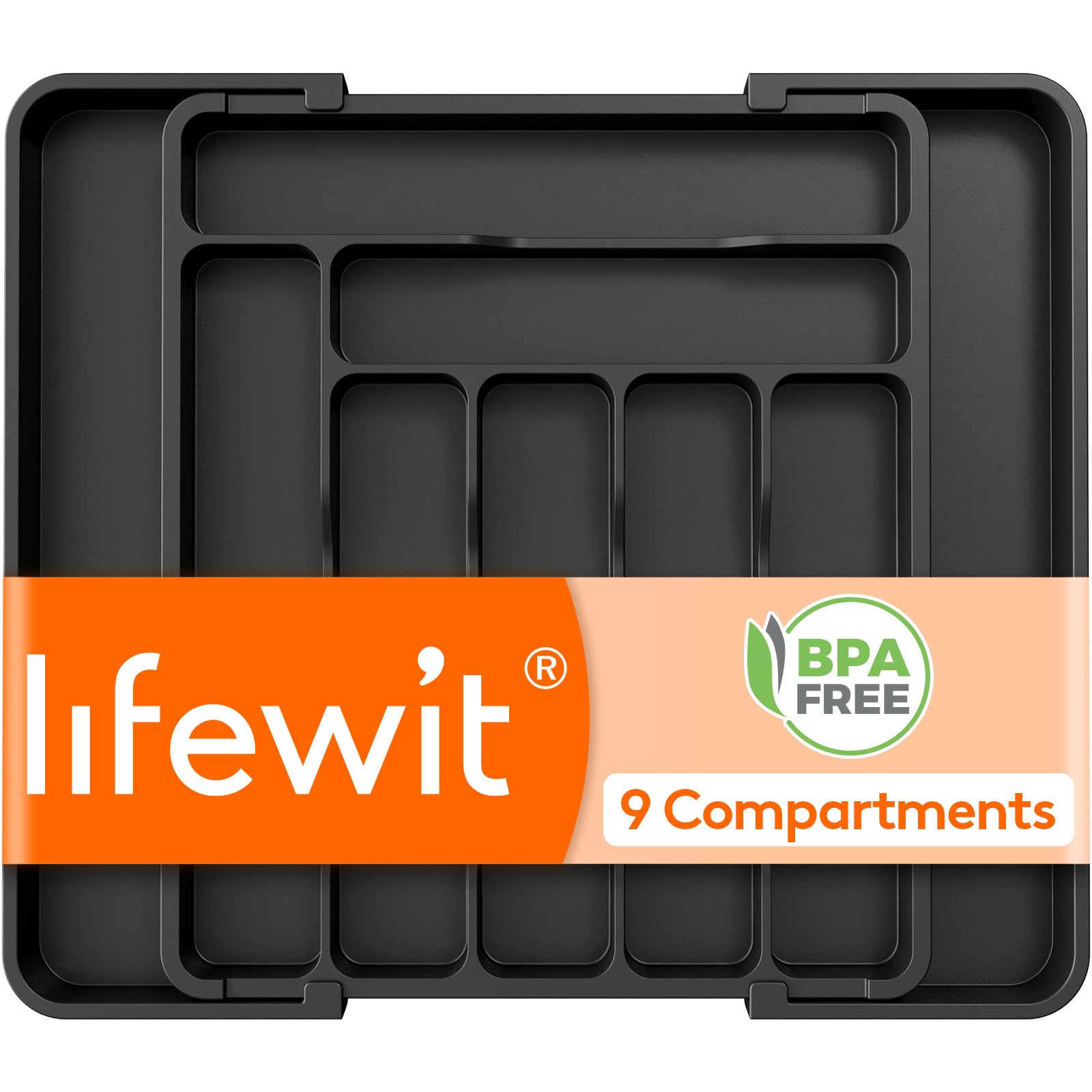 Lifewit Expandable Kitchen Cutlery Tray, 9 Compartment Drawer Organiser for Forks Spoons and Knives, Plastic Utensil Holder, Black