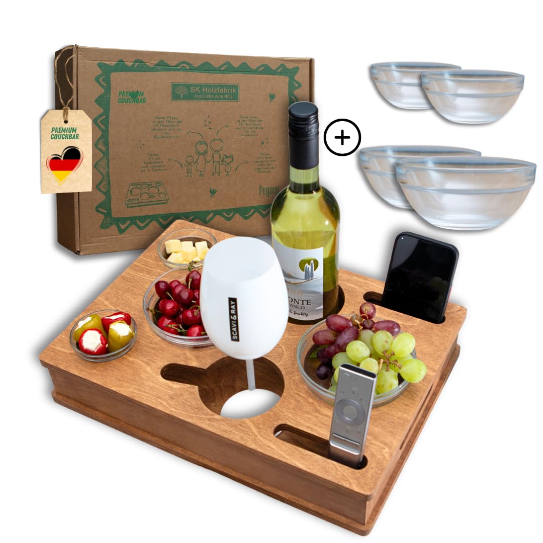 ALL IN ONE Couchbox mit 4 Glasschalen | Couchbar Snackbox personalisiert | Snackbar für die Couch | Couch Tablett mit Getränkehalter | Sofabar | Couch Butler für Kaffeetassen und Weingläser