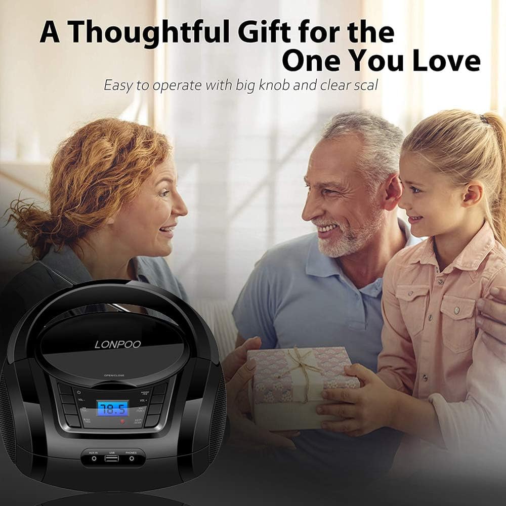 Lecteur CD avec Bluetooth, LP-D03 Radio FM Portable Stéréo avec Son Cristallin, Lecture MP3, Entrée USB et AUX, Prise Casque, Ecran LCD