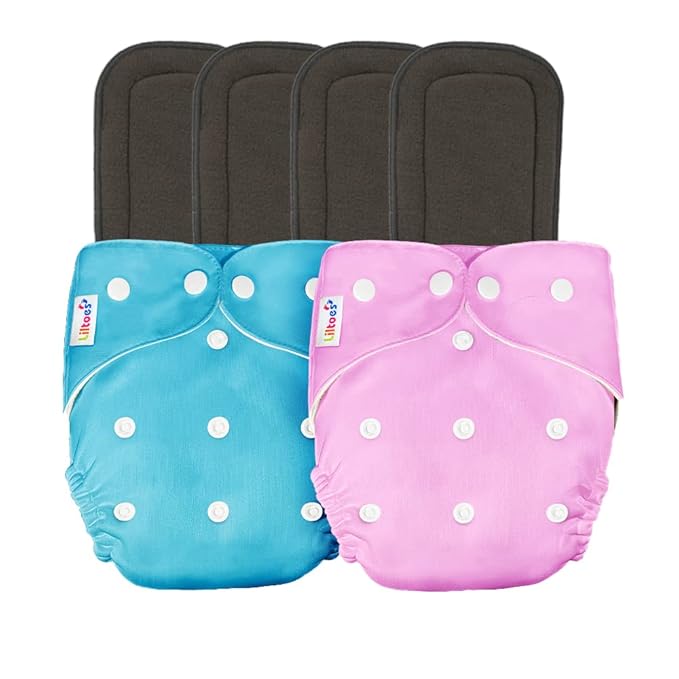 LILTOES Babys All in One Washable Reusable Adjustable Cloth 2 Diapers with 4 Inserts (Multi Colour)