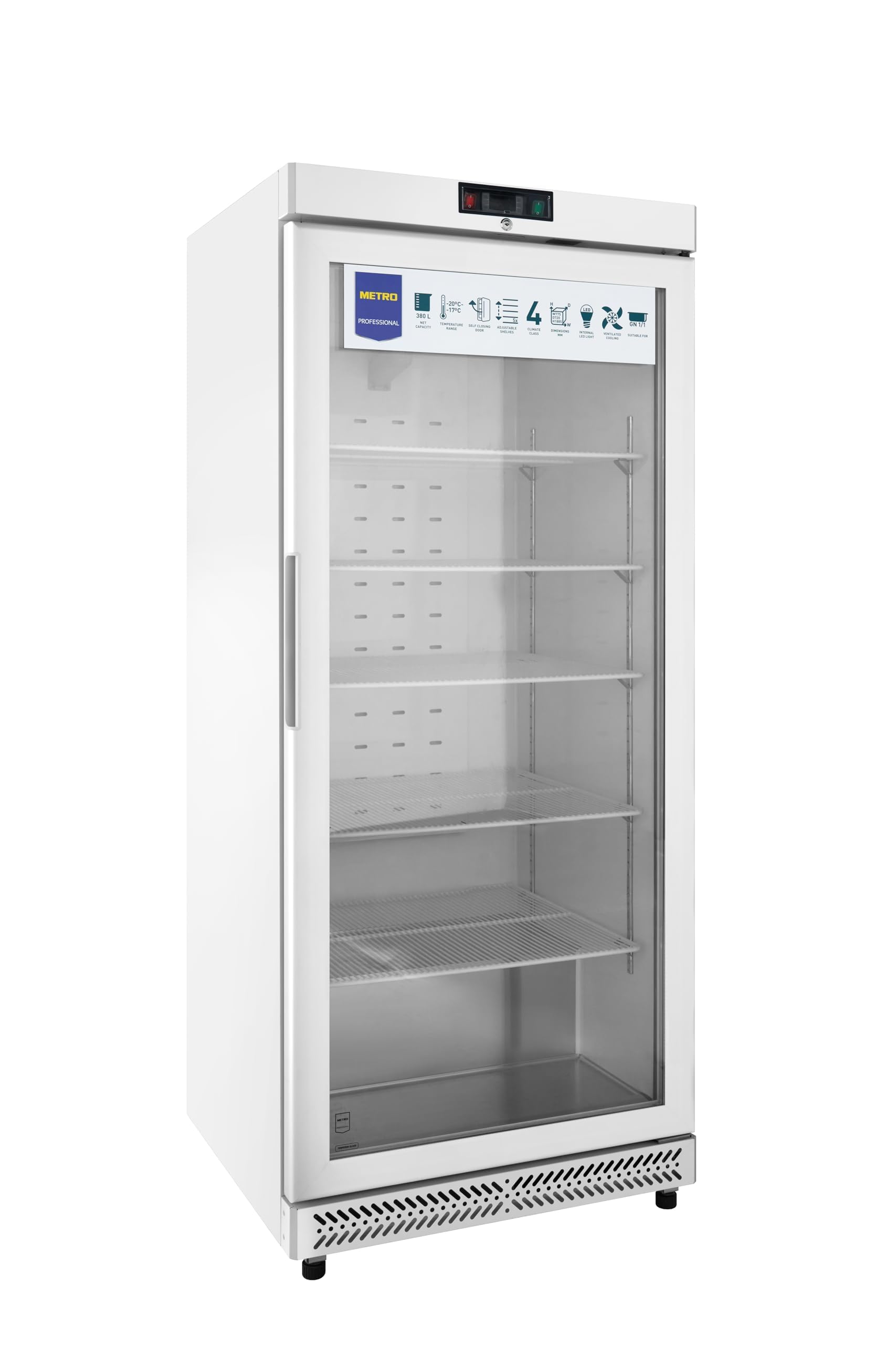 METRO Professional Frigorífico con Puerta de Cristal GRE6600G, 380L, Nevera Vertical con Cerradura, 77.5x72.5x188.5cm, 5 Estantes, Blanco