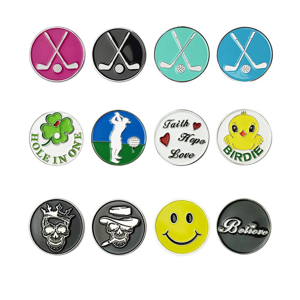 GOLTERS Golf Ball Markers Assorted Patterns Value Pack of 12 Golf Gifts, Golf Cap Clips and Divot Repair Tools Partner Accessories Sets for Men Women Golfer
