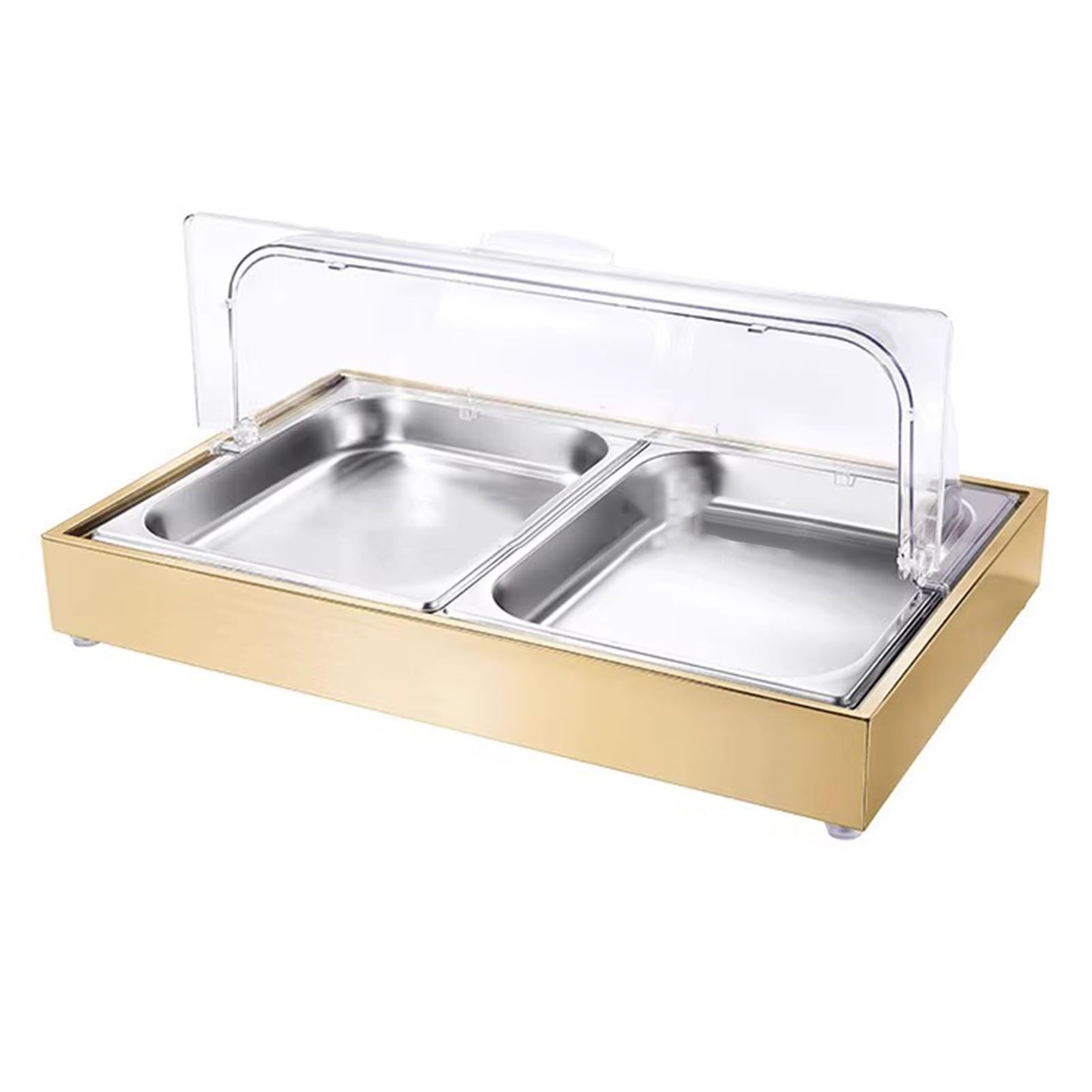 Bandeja transparente para servir alimentos helados, cubierta superior enrollable, recipiente para bufé de mariscos, 2 platos de rejilla para frutas y aperitivos, 4 cm de profundidad