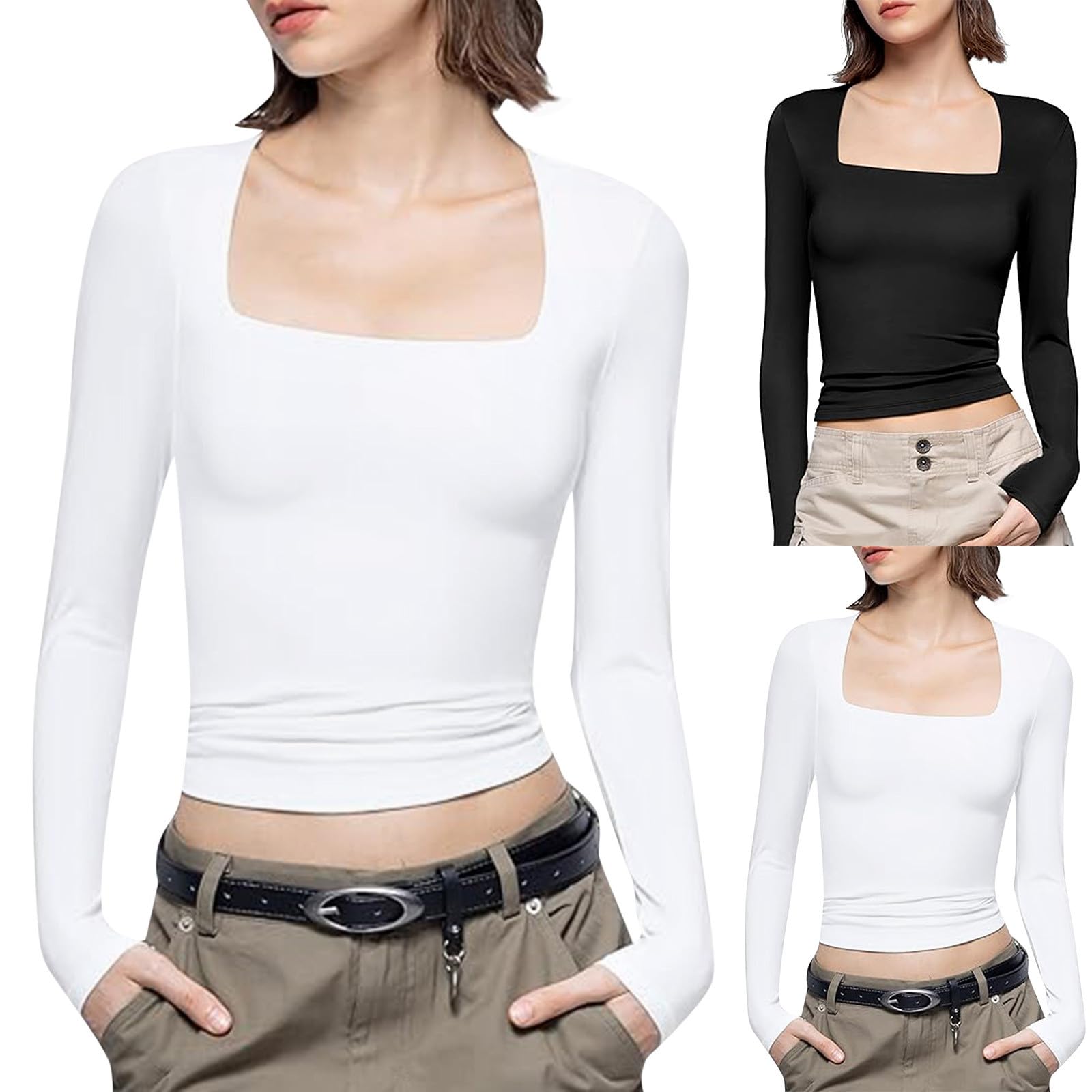 t Shirt Manche Longue Femme col carré Haut Femme Chic et Elegant Soiree Decollete sous Vetement Thermique Femme Sexy Slim fit ajusté Tee Shirt de Nuit Quotidien Ideal Blouse Tops