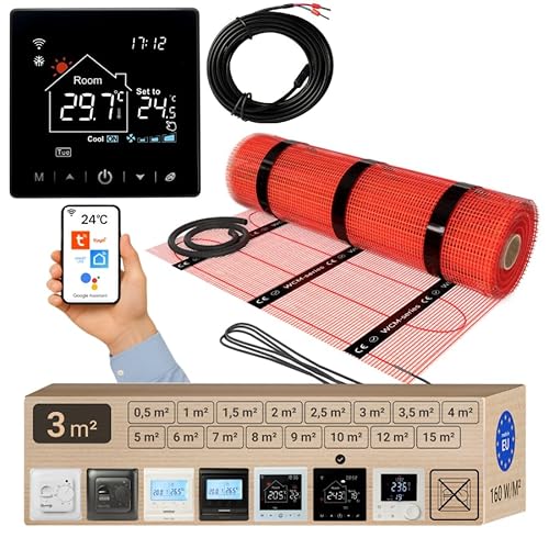 Warmcoin Elektrische Fußbodenheizung All-in-One Set 160 W/m² – Fliesen, Laminat & Vinyl – 3 m² – Inkl. W100 Schwarz WiFi-Thermostat mit Touchscreen – Modernes Design & App-Steuerung Warmcoin Elektrische Fußbodenheizung All-in-One Set 160 W/m² – Fliesen, Laminat & Vinyl – 3 m² – Inkl. W100 Schwarz WiFi-Thermostat mit Touchscreen – Modernes Design & App-Steuerung