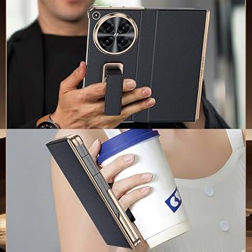 Genuine Leather Non-slip Case for Oppo Find N6 (Black) | with Sliding Wristband Stand, Lightweight Full-Coverage Shockproof Anti-Drop Cover Easy Install Precise Cutouts