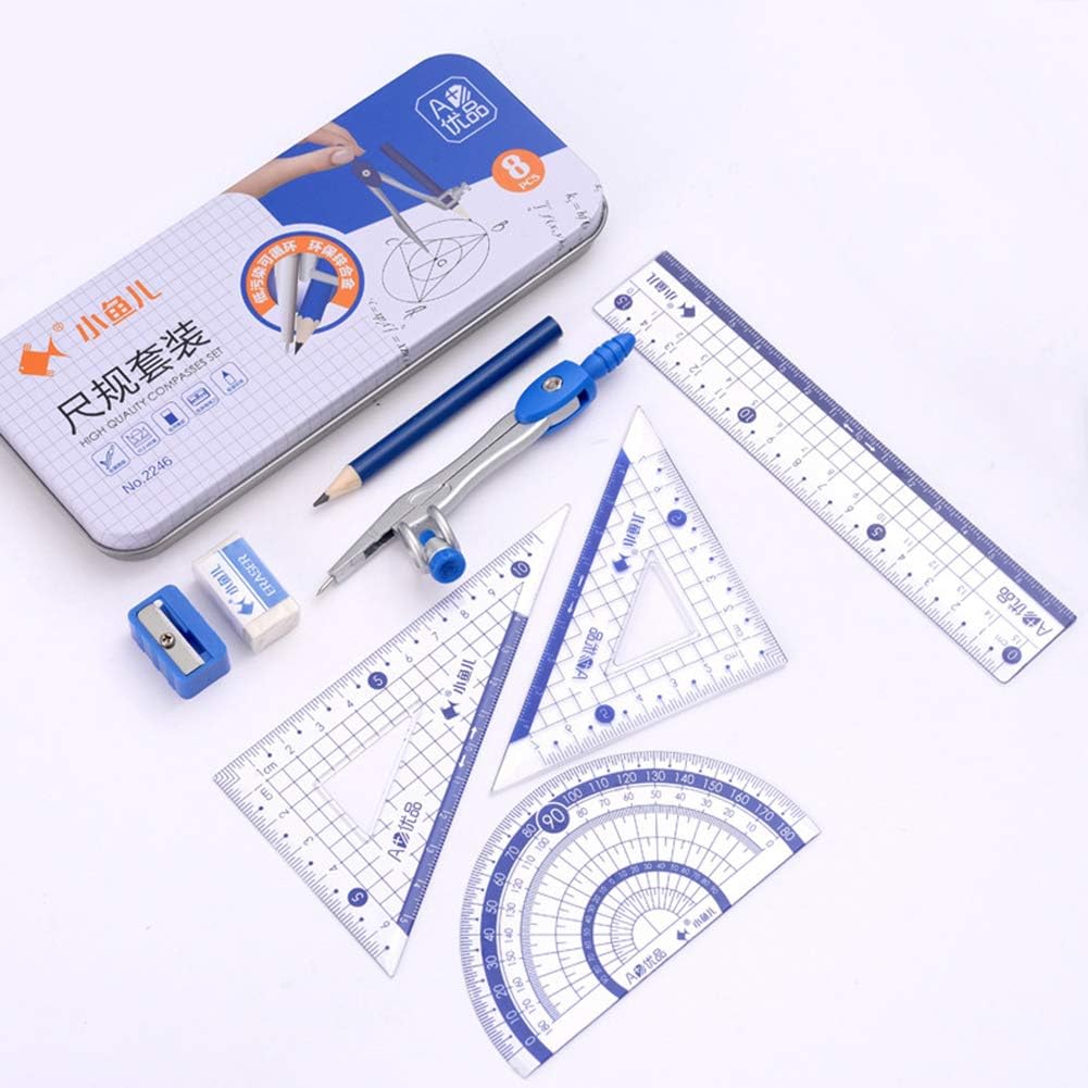 Math Geometry Kit Set 8 Pieces Student Supplies with Shatterproof Storage Box,Includes Ruler, Protractor, Compass, Pencil,Pencil Sharpener and Eraser,etc.for Drafting and Drawings