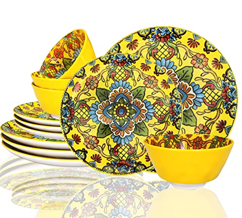 Ya Ju Buffet Dinnerware Porcelain Dinnerware Set, Service For 4 (12 Pcs) Easy To Clean Plate & Bowl Set Apply Casual Dining Indoor Outdoor Dining Party (Sunflower Yellow-Service For 4 (12 Pcs)) #TOP15