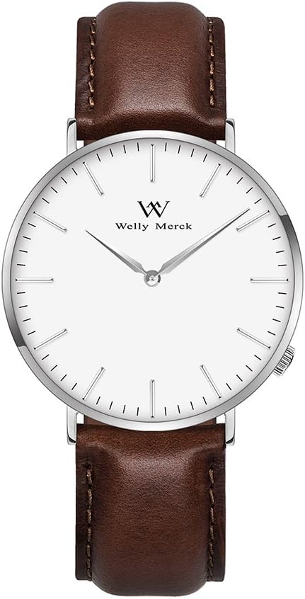Welly Merck Men's Luxury Watch Minimalistic Design Quartz Movement Sapphire Crystal Analog Wrist Watch with 20mm Italy Genuine Leather Interchangeable Dark Brown Strap,5 ATM Water Resistant