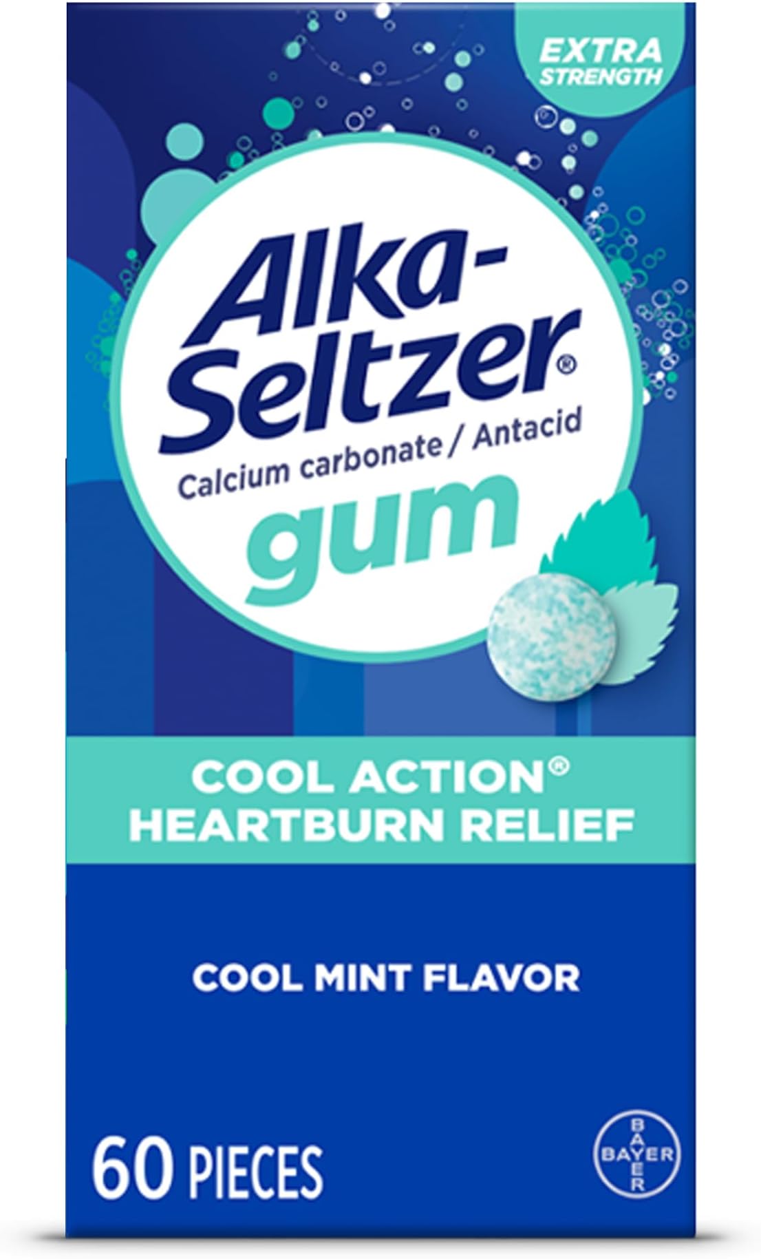 Cool Action Heartburn Relief Gum, Extra Strength Antacid Gum, Acid Indigestion and Upset Stomach Relief, No Chalky Taste, Cool Mint Flavor, 60 Count