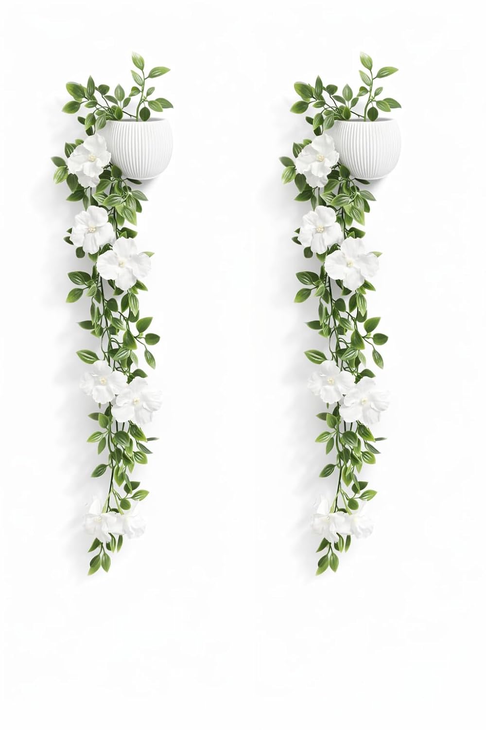 Blessence Set of 2 Artificial Flower Creeper Hanging with Pot 99 cm, Ivy Vine Garland with Small Size Pot for Home Office Wall Shelf Table Living Room Decor (Green and White)