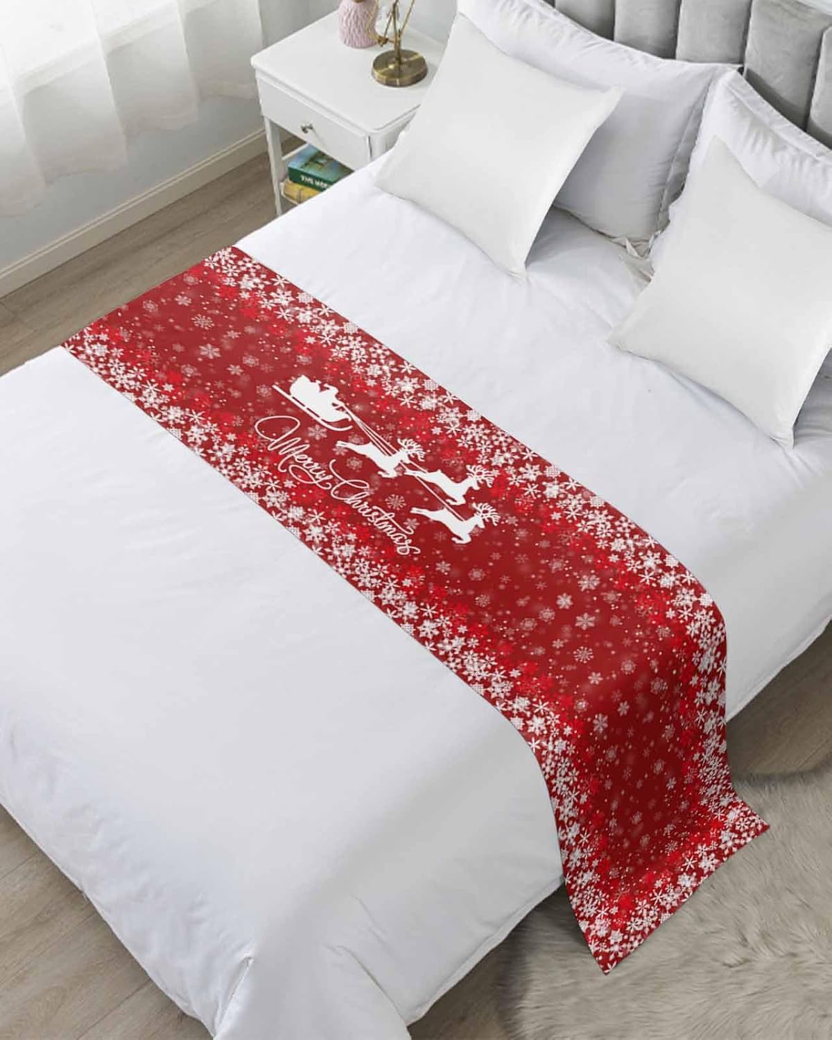 Christmas Elk Bed Runner Scarf Full Queen Size, Winter Santa Claus Xmas Snowflakes Black Luxury Bed Throw Runners & Scarves for Twin Full Queen King Foot of Bed, Bedroom Hotel Decoration, 83"x20"