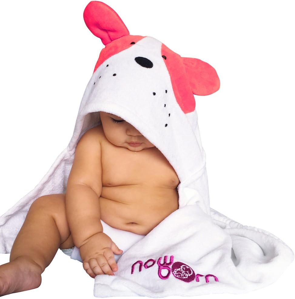 Baby Hooded Bath Towel – Cute Pink Puppy Dog Animal Design – 100% Cotton Material