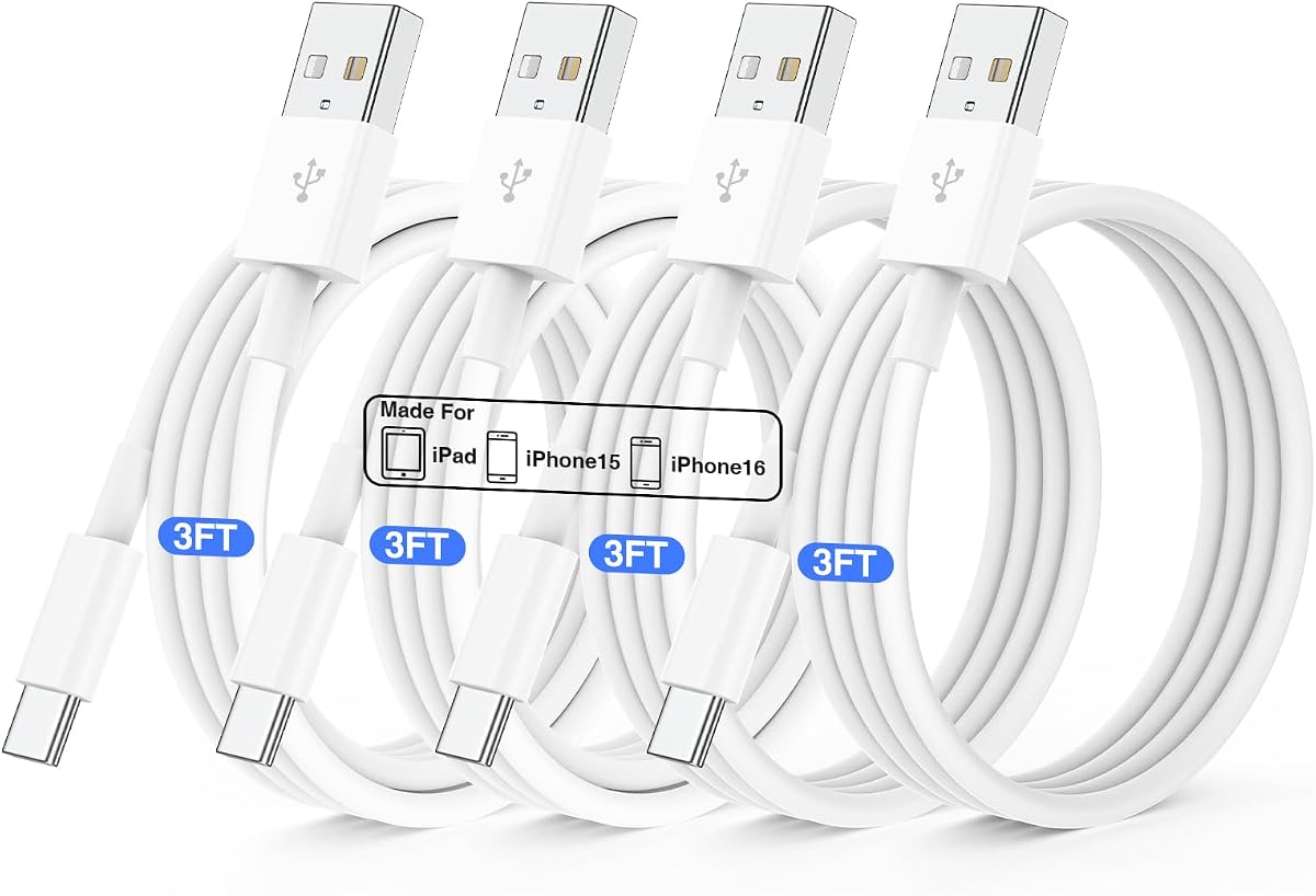 QZIIW Paquete de 4 cables de carga rápida Apple USB C de 3 pies para iPhone 17 16 15 Pro max | Cable USB A a USB C Carplay para coche para iPhone 17 16 15 Pro/17 16 15 Plus Samsung S26 S25 S24, iPad Pro 12,9/11,Air 5th/4th Gen