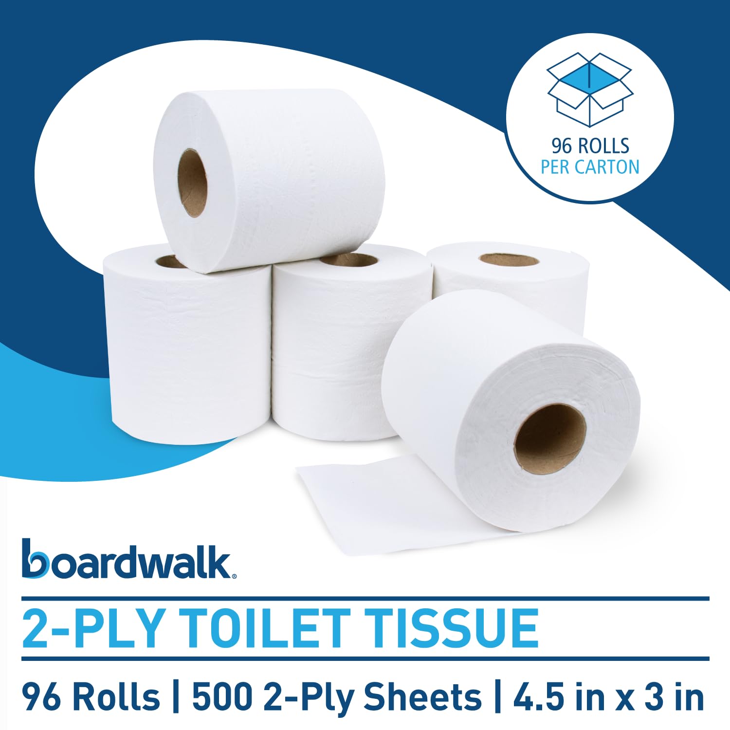 Boardwalk 6180 dwuwarstwowa chusteczka toaletowa, biała, 4 1/2 x 3 arkusze, 500 arkuszy w rolce (opakowanie 96 rolek)