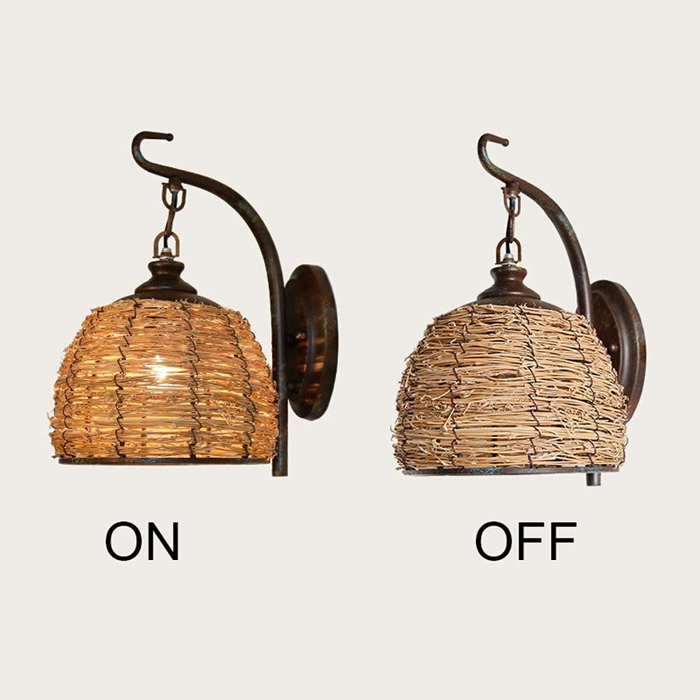 Lampada da parete retrò in stile mediterraneo Nido d'uccello Creativo rattan tessitura Lanterna da parete Sconce Tonalità di vimini Lampada da parete a gabbia E27 per interni per camera Soggiorno
