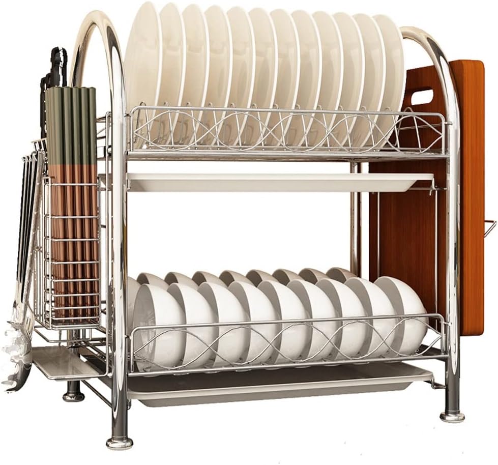 Stainless Steel Dish Drain Rack Kitchen Countertop Double-layer Dish Rack Storage Rack Multi-function Knife Rack Rack
