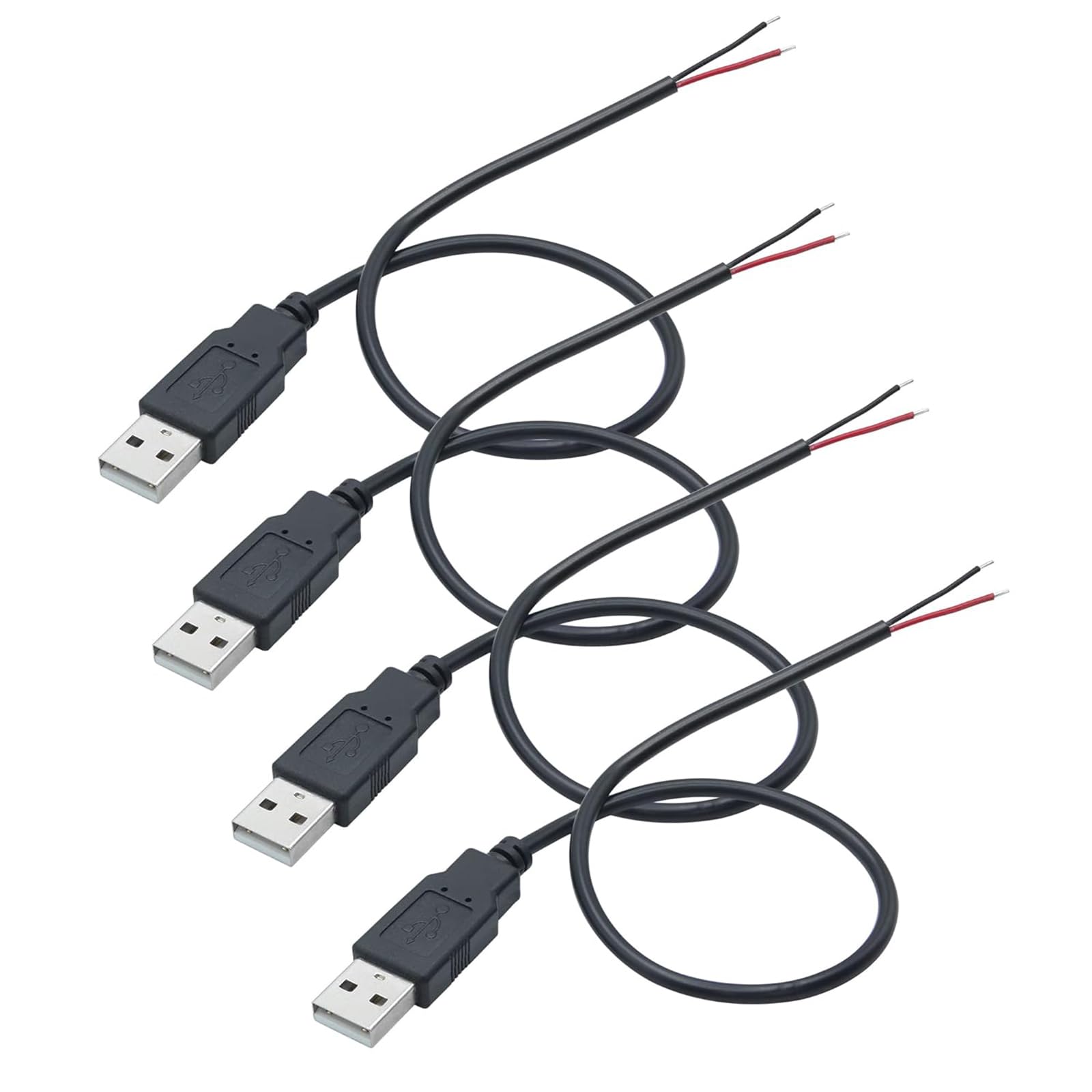 Leloco 4 Stück 30cm USB Typ A Pigtail Kabel 22AWG, 5V 3A Stromkabel mit USB Stecker auf 2-adriges offenes Ende, USB Verlängerungskabel für LED Beleuchtung, Lüfter, DIY Projekte