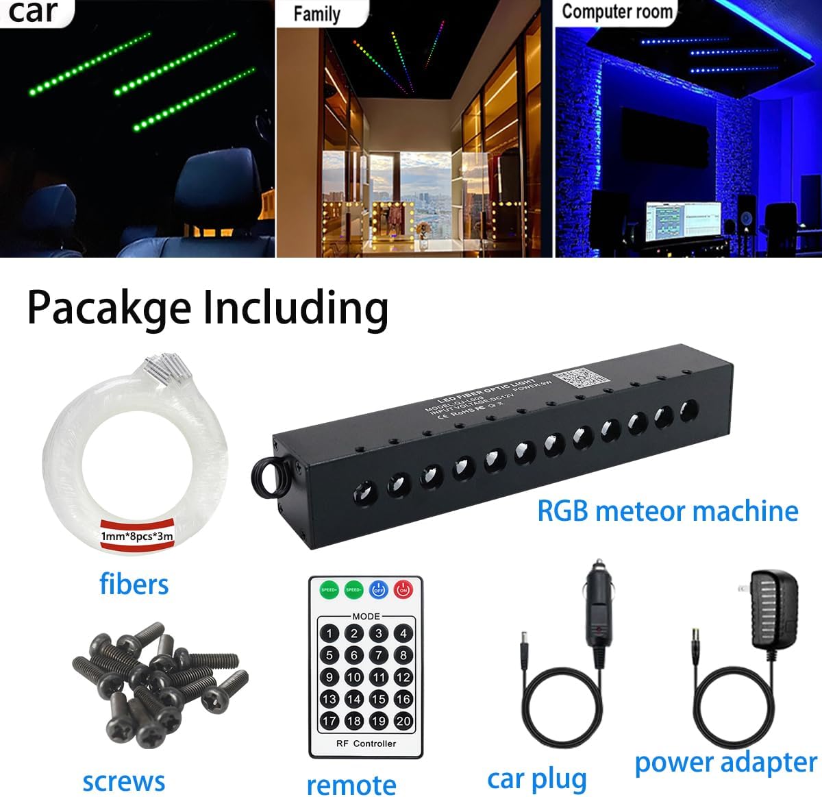 AZIMOM RGB 12LED Meteor Shooting Star Kits 96pcs 0.04in 9.8ft Colorful Shooting Star Fiber Optic Meteor Kits for Car Home Roof Ceiling