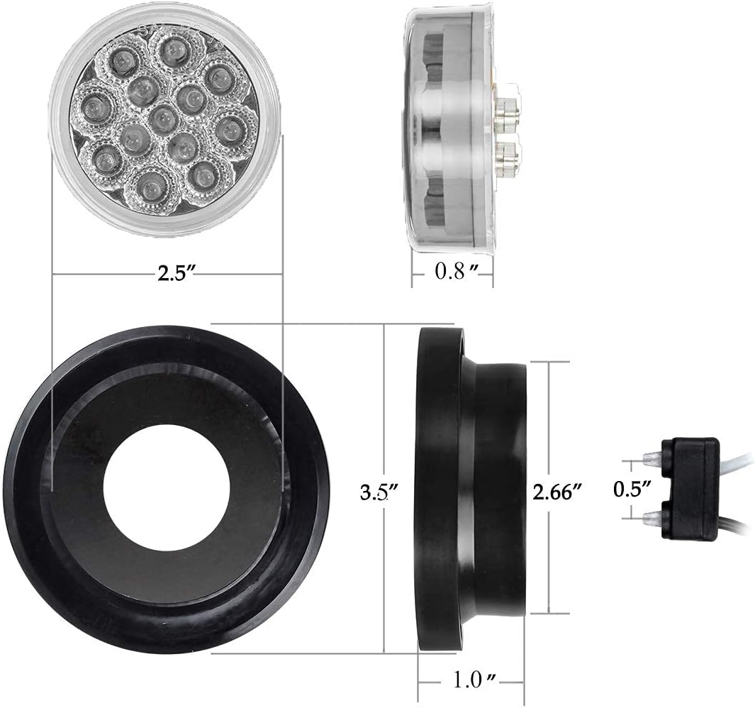 Partsam 2 Amber+10 Red 2.5" Inch Round Led Clearance Side Marker Lights 13 Diodes Clear Lens w Reflectors/Rubber Grommets/2 Prong Pigtails Truck Trailer RV Flush Mount, 2.5" Round Led Marker Lights