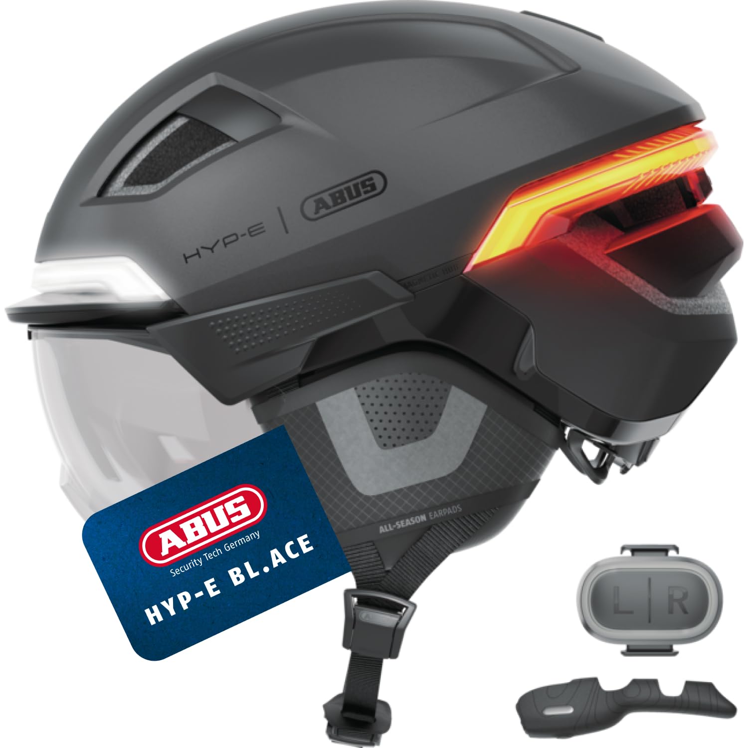 ABUS Fahrradhelm HYP-E B.LACE - mit Front-, Rück- und Blinklicht sowie kabellos zu aktivierendem Bremslicht - mit Visier und Ohrenschützern - für Fahrrad, E-Bike und S-Pedelec - Größe L, Grau