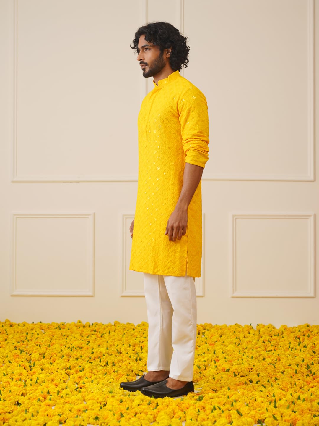Jompers Men's Yellow Chikankari And Sequence Kurta With Pyjama. (Yellow, Xl)