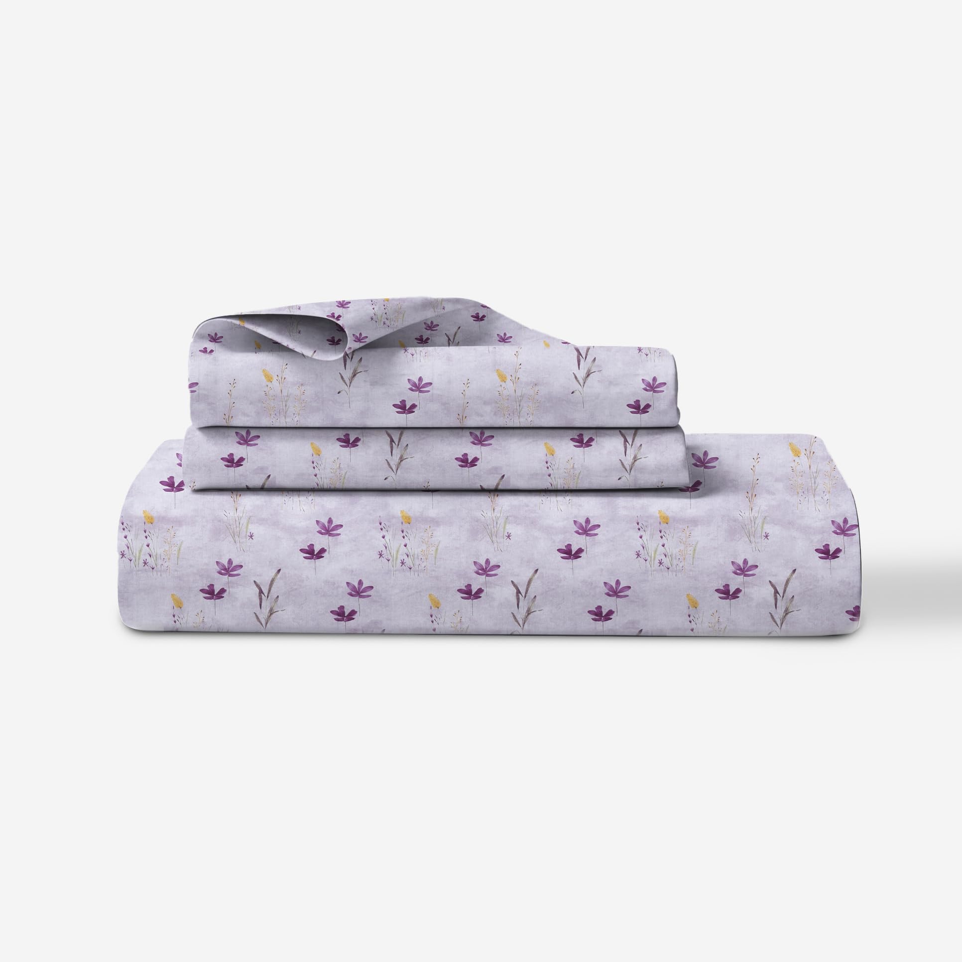 LINENWALAS 100% Cotton Fitted Bed Sheet for Queen Size Bed, Printed All Around Elastic Bedsheet (60 x 78 Inches) with 2 Pillow Covers | 210 TC Soft, Breathable, Luxury Bedsheet (Haze of Lavendor)