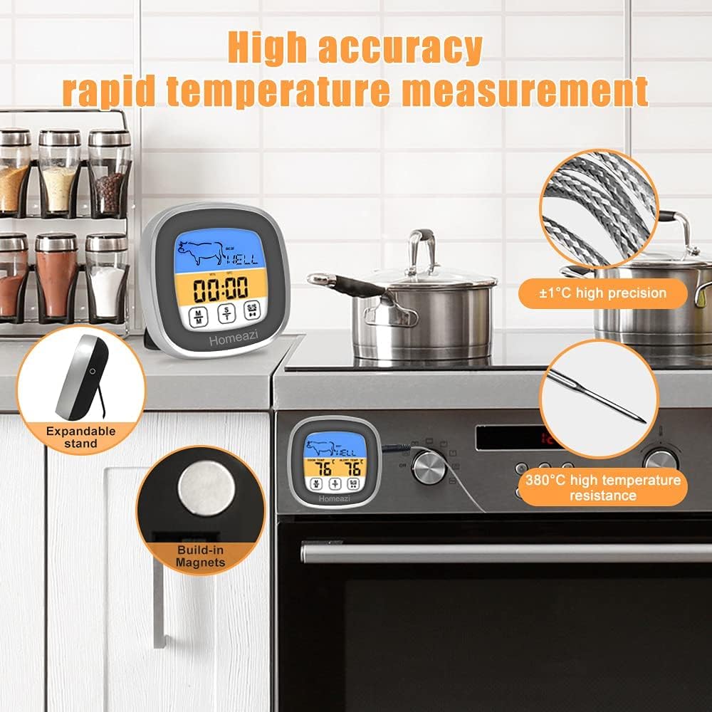 review Homeazi Digital Meat Thermometer,Food Temperature Instant Read ,Timer, Touch Screen Food Thermometer , Use for Cooking/Grilling/BBQ/Baking/Frying,1PACK (Grey)