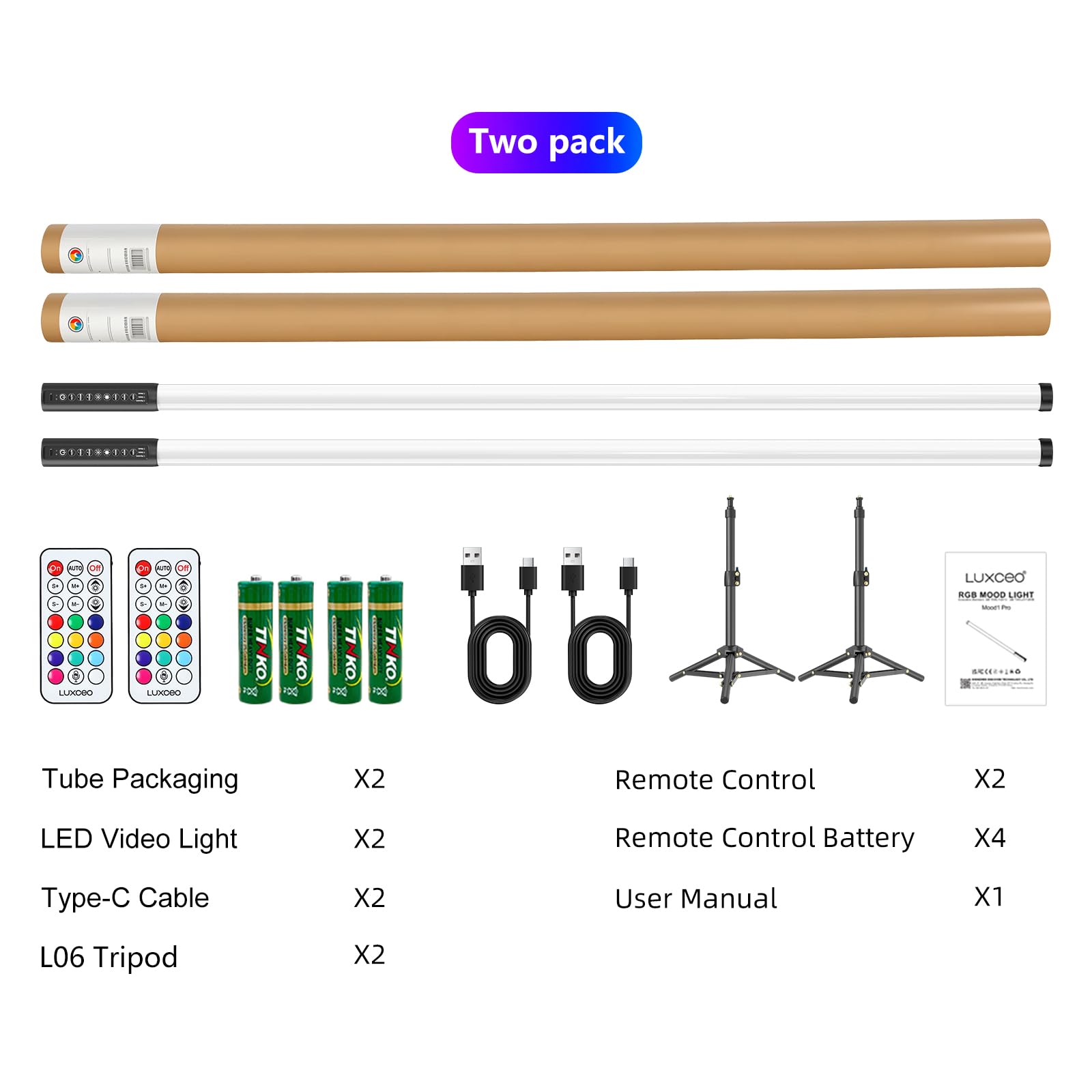 LUXCEO 2 Stück 120cm LED Videolicht Mood1Pro mit Stativ,2,4-G Fernbedienung,LED Handheld Fotografie Lichtdimmbar und Musikmodus,5000mAh Akku,RGB-Fotolampe für YouTube,TikTok,Partybar,Foto-Beleuchtung