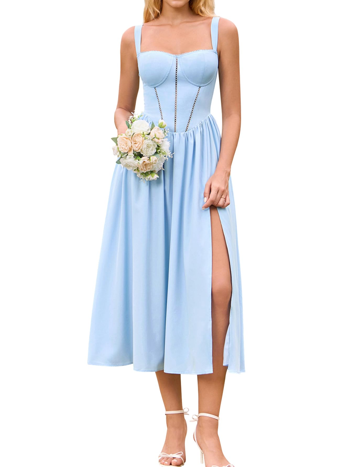 KUTUMAI Floral Corset Midi Dress Flowy Slit Summer Spring Wedding Guest Dresses for Women Sundress with Pockets
